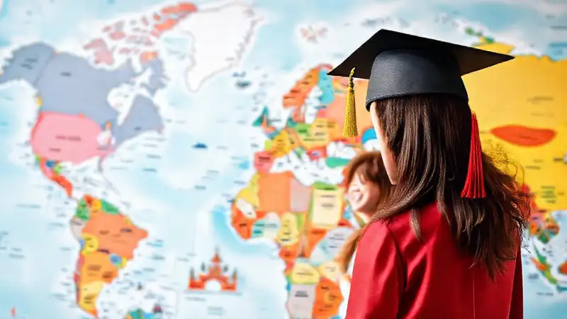 Mapa global con estudiantes y símbolos educativos