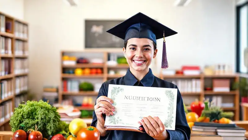 Estudiante feliz con diploma y alimentos saludables