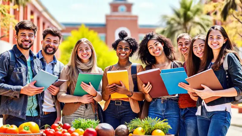 Estudiantes sonrientes en un campus vibrante