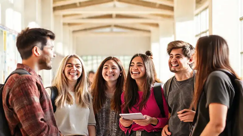 Estudiantes felices participan en discusión en campus