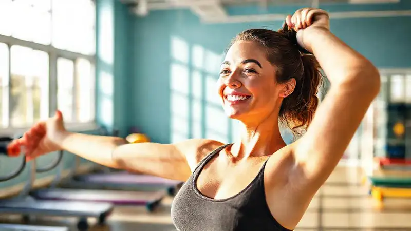 Persona sonriente haciendo ejercicio en ambiente luminoso