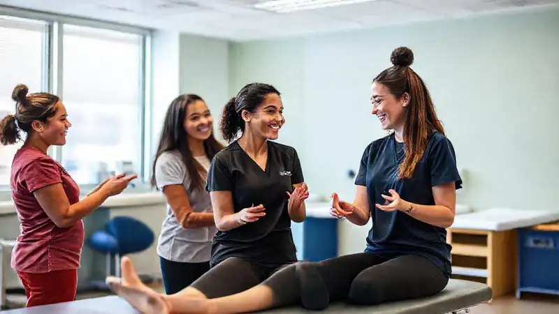Estudiantes colaborando en terapia física moderna