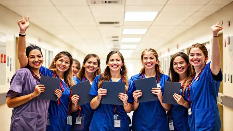 Estudiantes de enfermería celebrando con alegría