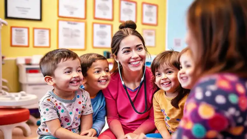 Terapeuta infantil en sala colorida y amigable