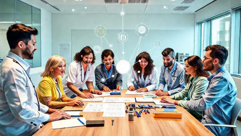 Equipo diverso colaborando en clínica moderna