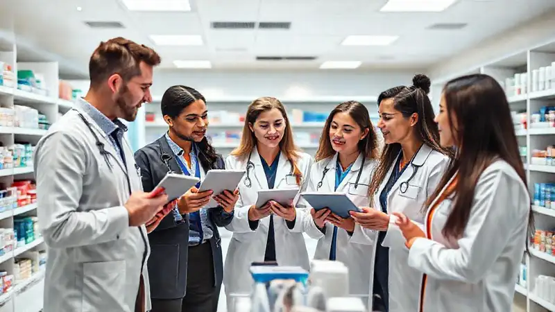 Profesionales farmacéuticos colaborando en entorno digital