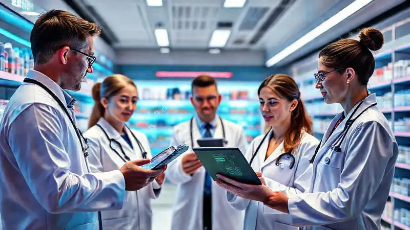 Farmacia moderna con tecnología y colaboración digital