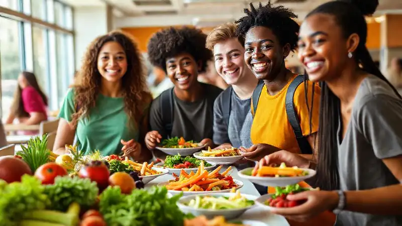 Estudiantes saludables disfrutan alimentos coloridos y variados