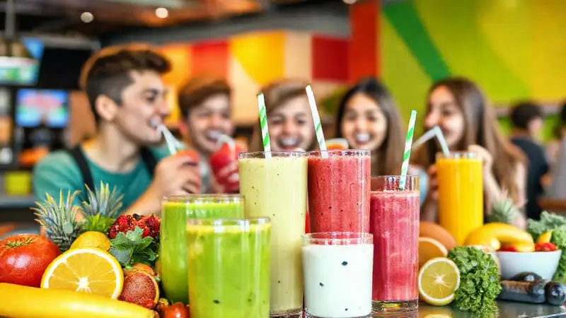 Smoothies y frutas en un ambiente vibrante