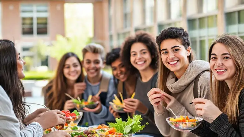 Estudiantes comen saludable en campus universitario
