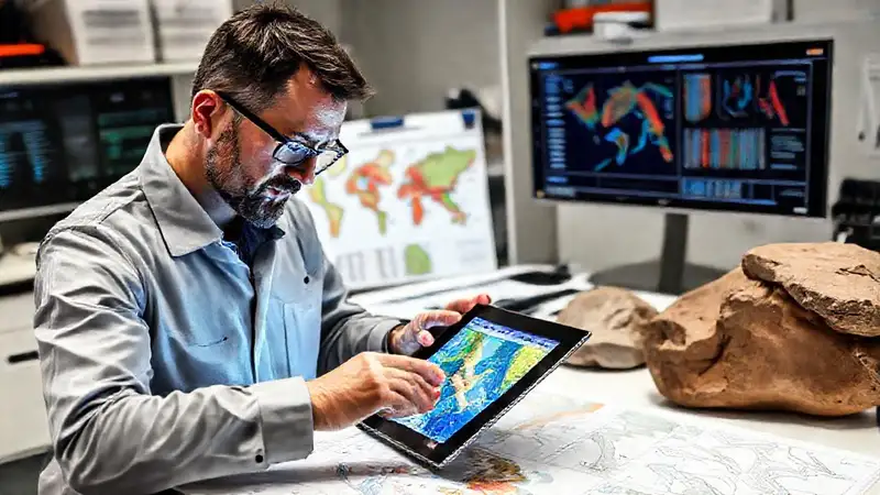 Geólogo analiza mapas digitales y equipos modernos
