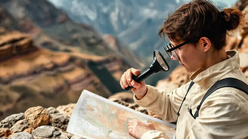 Estudiante de geología analiza mapas y rocas