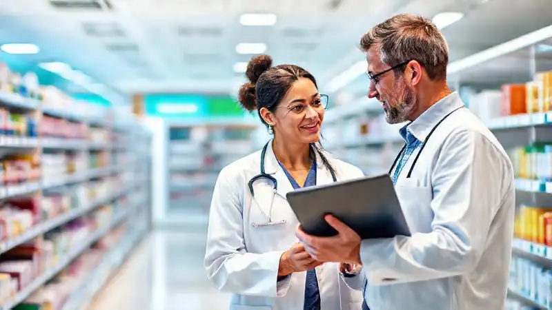 Farmacéutico asesorando en farmacia moderna digital