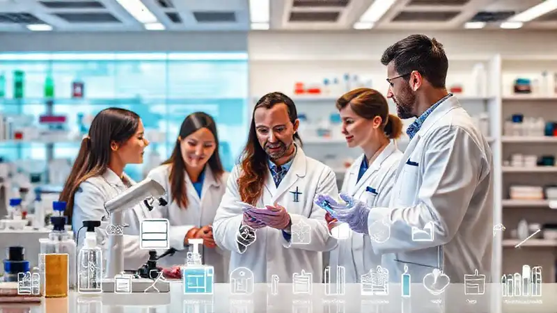 Farmacéuticos colaborando en laboratorio moderno