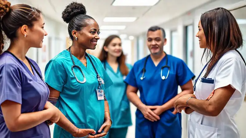 Enfermera comunica equipo en entorno hospitalario