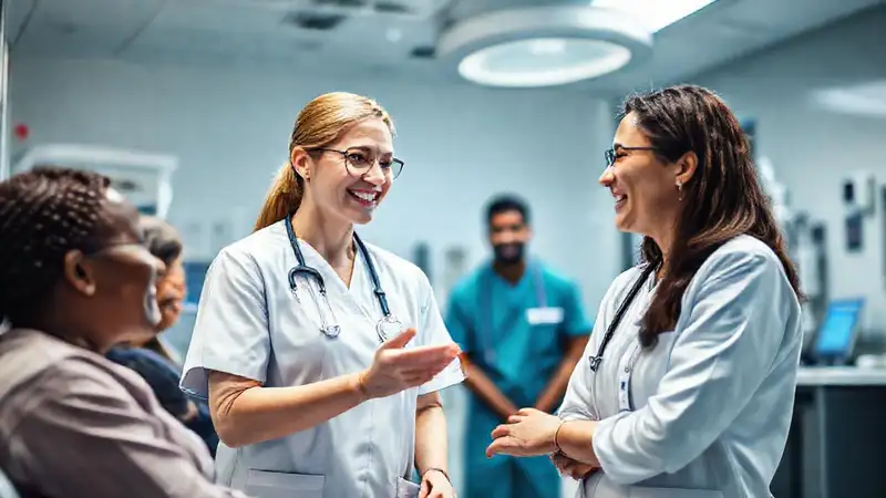 Enfermera confiada y empática en hospital moderno