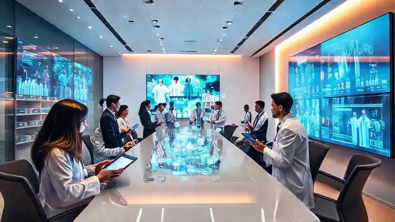 Sala moderna con farmacéuticos y tecnología futurista