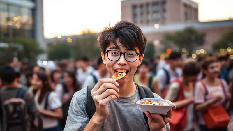 Joven estudiante come snack saludable en campus