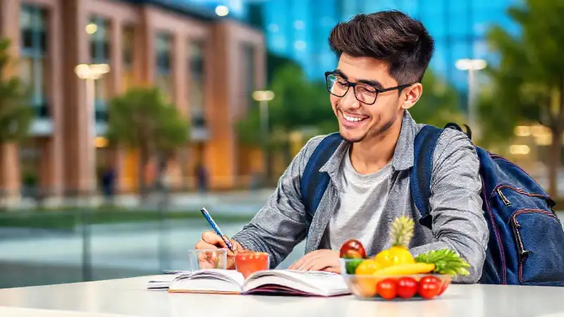 Estudiante estudia con alimentos saludables en campus