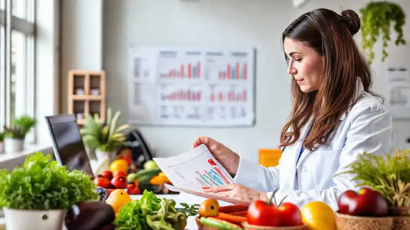 Nutricionista analiza datos en ambiente vibrante