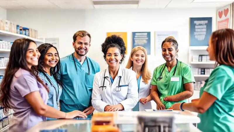 Farmacia moderna, equipo positivo y ambiente amigable