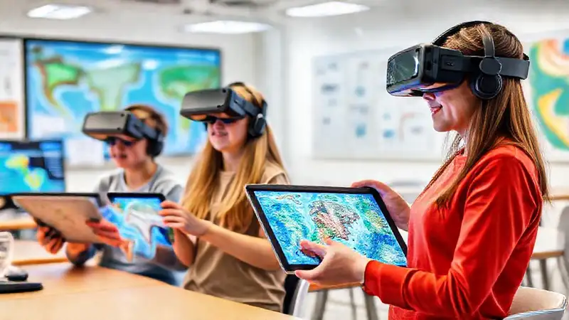 Estudiantes usando tecnología en geología moderna