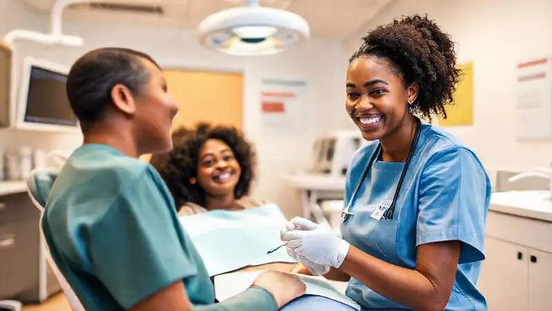 Voluntario sonriente atiende pacientes en clínica moderna