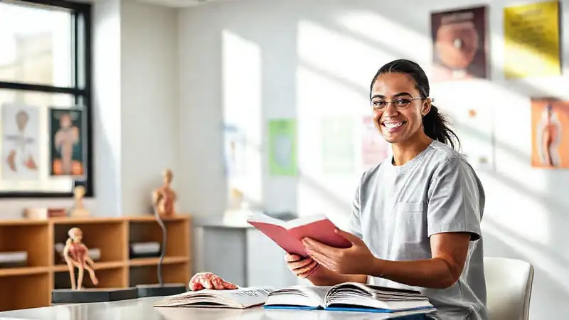 Estudiante de fisioterapia sonriente en aula inspiradora