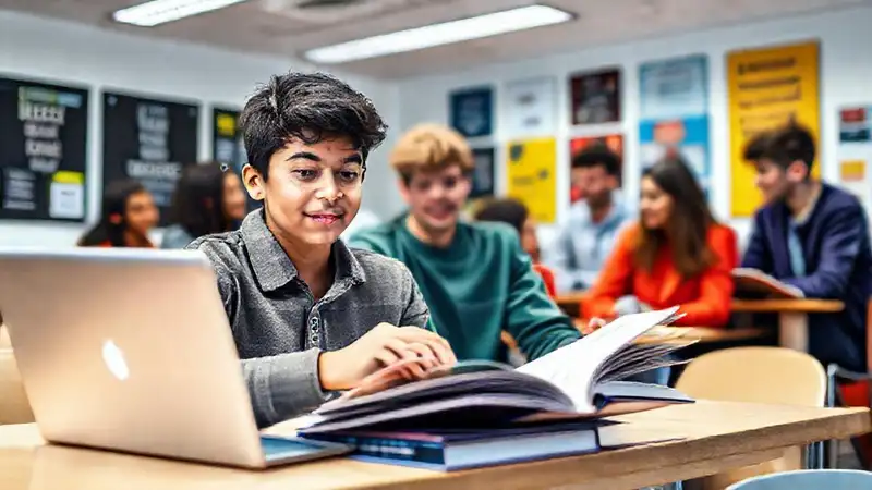 Estudiante motivado en aula moderna y colaborativa