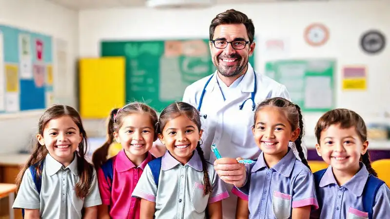 Niños sonriendo con dentista y dientes sanos