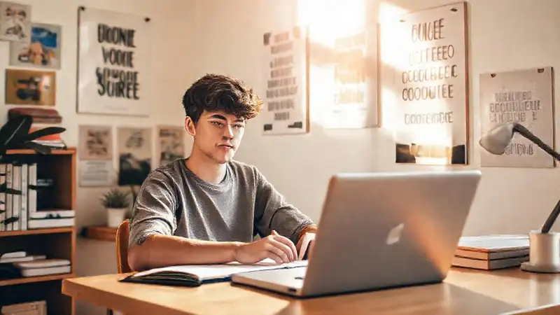 Estudiante motivado estudiando en ambiente cálido
