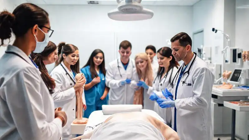 Estudiantes en clínica con modelos y herramientas médicas
