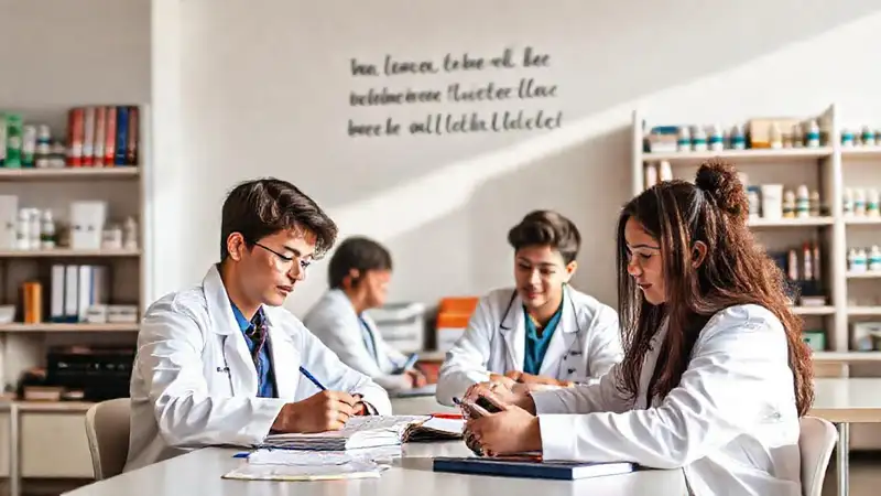 Estudiantes de farmacia motivados en escritorio ordenado
