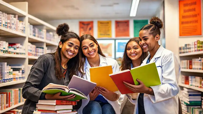 Estudiantes de farmacia estudiando en equipo