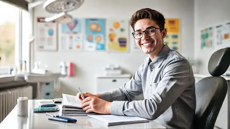 Estudiante dental estudia con actitud positiva