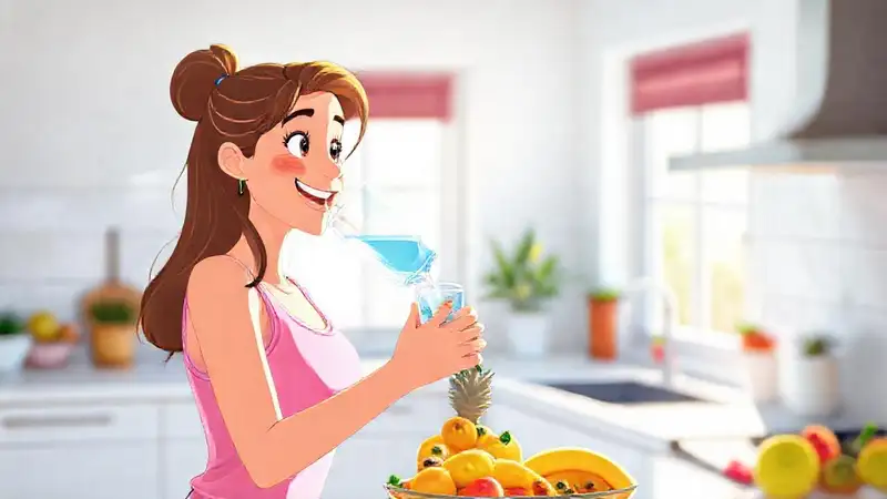 Mujer saludable bebe agua en cocina luminosa