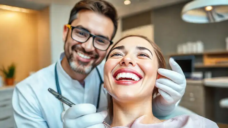 Dentista sonriente en clínica moderna y estética