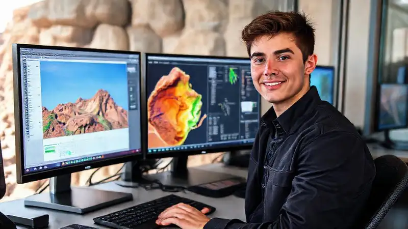 Graduado en geología usando tecnología avanzada