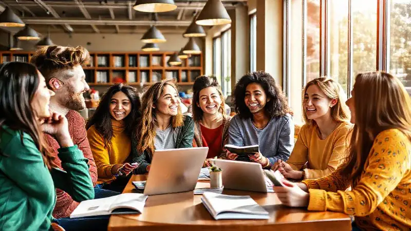 Estudiantes diversos estudiando en cafetería universitaria