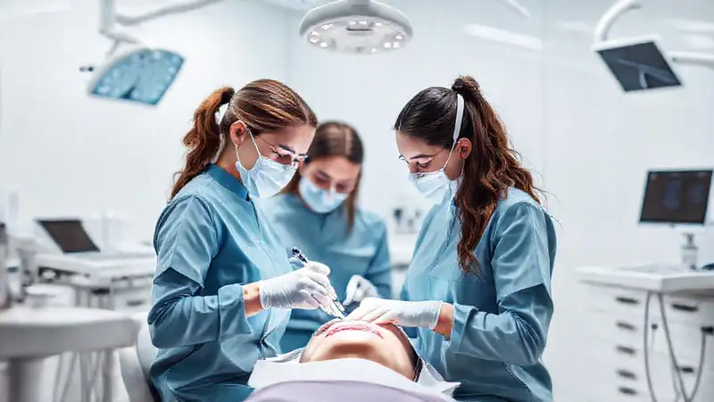 Estudiantes dentales en práctica con tecnología moderna