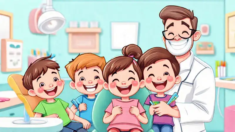 Niños felices en consulta dental colorida y amigable