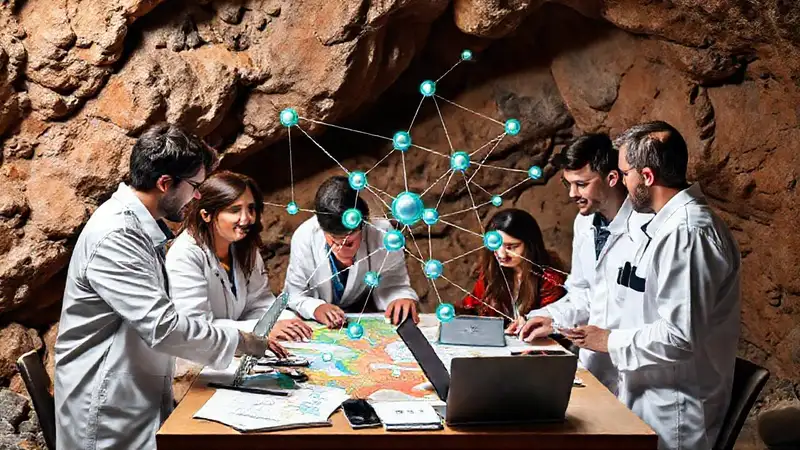 Científicos colaborando con mapas y datos