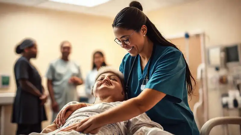 Enfermera cuidando con empatía en hospital multicultural