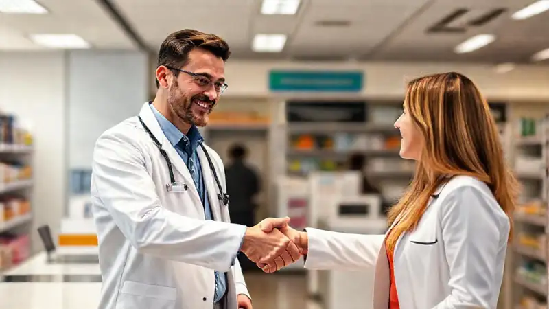 Farmacéutico profesional y amigable en farmacia moderna