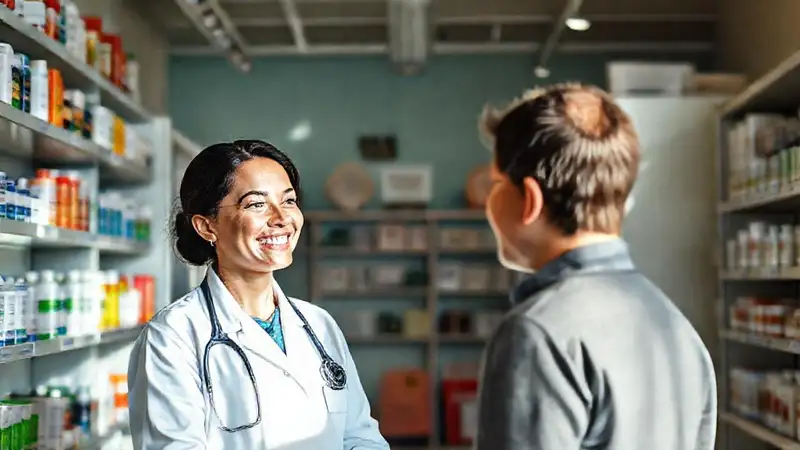 Farmacéutico sonriente atiende amablemente al cliente