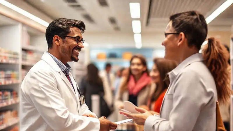Farmacéutico atiende con sonrisa y amabilidad