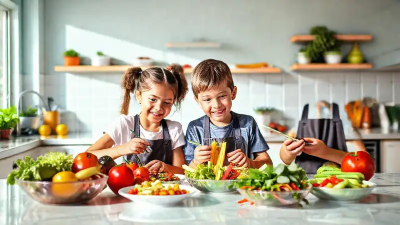 Estudiantes con comidas saludables y coloridas