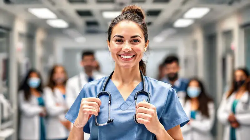 Estudiante de enfermería confiada en entorno hospitalario