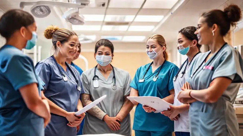 Enfermera lidera equipo diverso cuidando pacientes juntos
