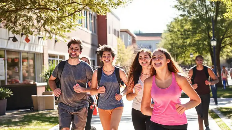 Estudiantes felices ejercitan al aire libre